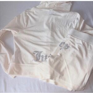 Juicy Couture Tracksuit Set Large Oyster New Velour Rhinestone Hoodie Shorts